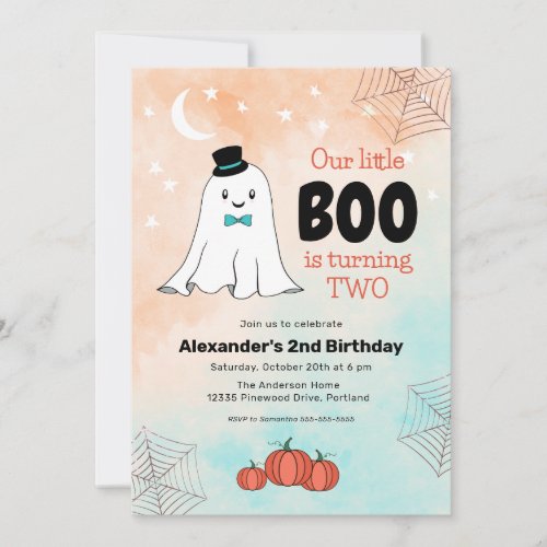 Our Little Boo Cute Ghost With Hat 2nd Birthday Invitation