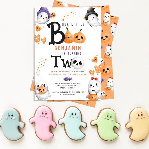 Our Little Boo Cute Ghosts Halloween 2nd Birthday Invitation