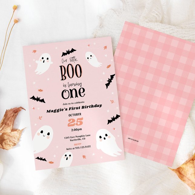 Our Little Boo Halloween First Birthday Invitation (Little boo Halloween 1st birthday invitation shown in  pastel pink with plaid back  pattern design)