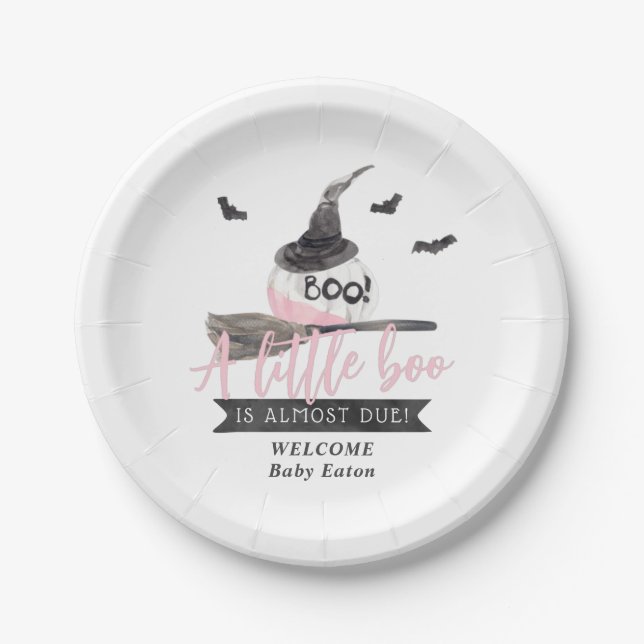 Our Little Boo is Almost Due Halloween Girl  Paper Plates (Front)