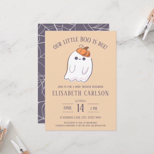 Our Little Boo is due Ghost Baby Shower invitation (Front/Back In Situ)