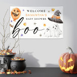 Our Little Boo is Due Halloween Baby Shower Banner<br><div class="desc">Our little boo is almost due Halloween watercolor baby shower plates. This design features an orange pumpkin balloon,  2 ghosts,  and a witch hat.</div>