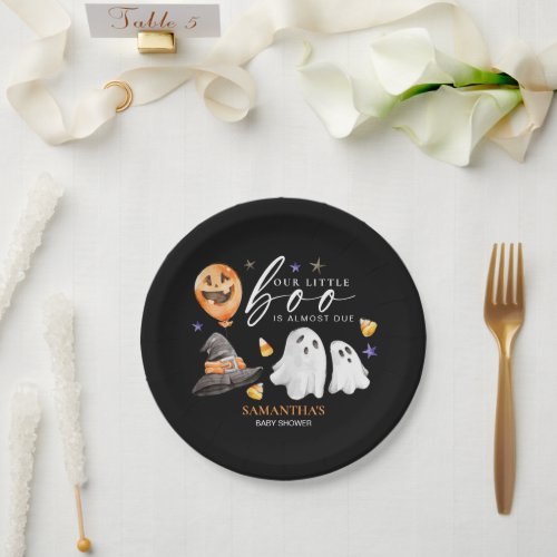 Our Little Boo is Due Halloween Baby Shower Black Paper Plates