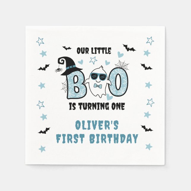 OUR LITTLE BOO IS TURNING ONE BLUE 1ST BIRTHDAY NAPKINS (Front)