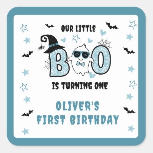 OUR LITTLE BOO IS TURNING ONE BLUE 1ST BIRTHDAY SQUARE STICKER