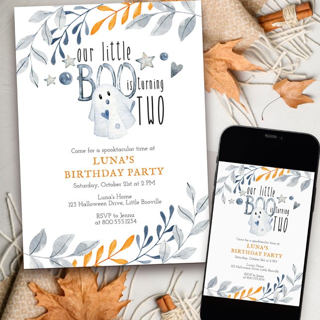 Our Little Boo is Turning Two 2nd Birthday Invitation (Little Boo turning Two halloween themed 2nd birthday invitation)