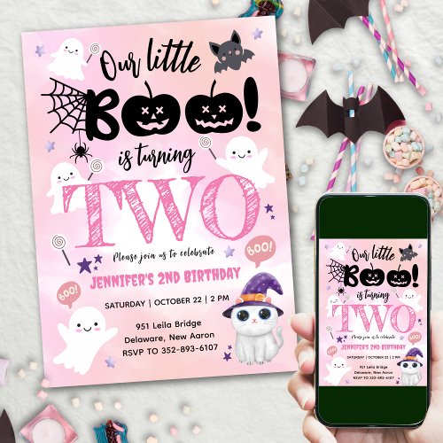 Our Little Boo Is Turning TWO  Halloween Birthday Invitation