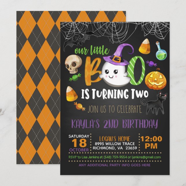 Our Little Boo is Turning Two Invitation - Blk  (Front/Back)