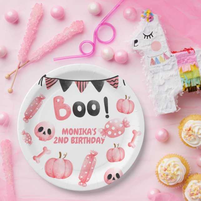 Our Little Boo Pink Girl Halloween 2nd Birthday  Paper Plates (Party)