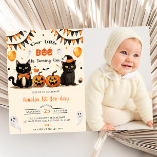 Our Little Boo Turning Black Cat Halloween Photo Invitation