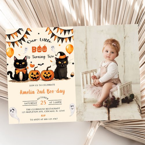 Our Little Boo Turning  Black Cat Halloween Photo  Invitation