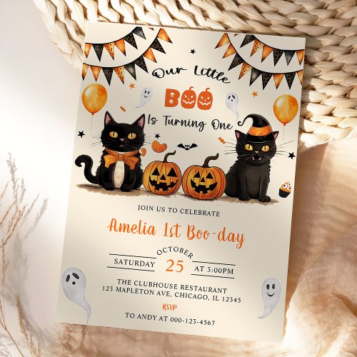 Our Little Boo Turning One  Black Cat Halloween Invitation