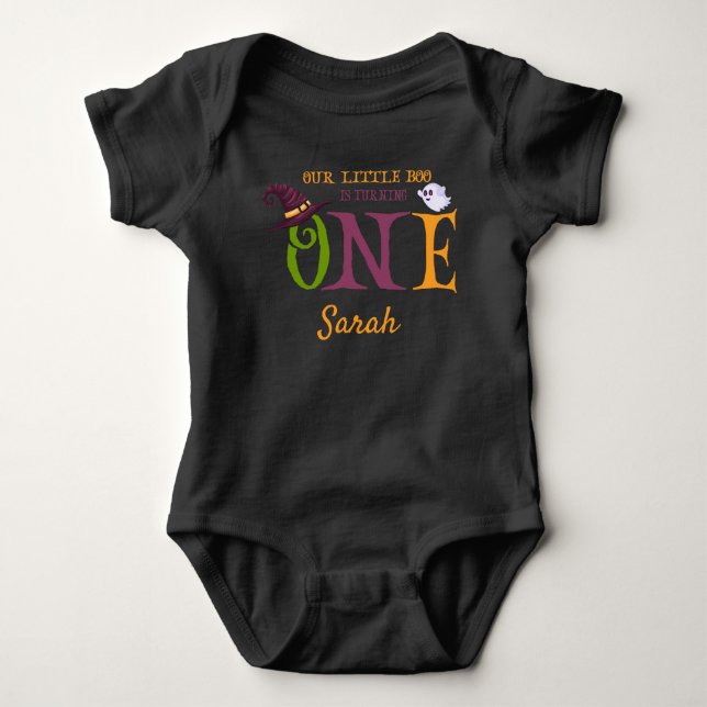Our Little Boo Turning One, Halloween 1st Birthday Baby Bodysuit (Front)