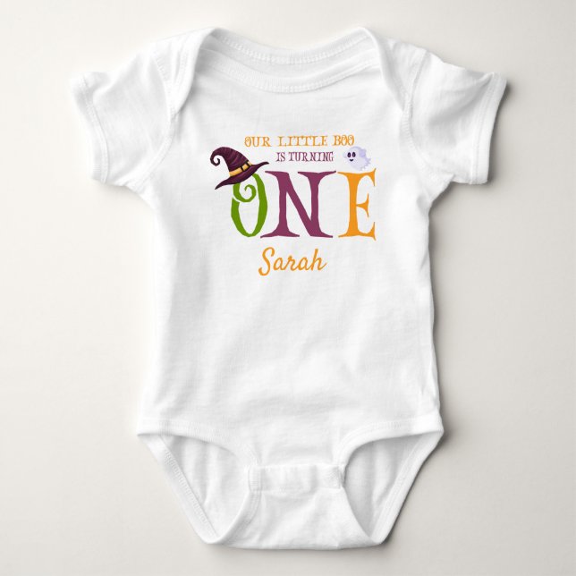 Our Little Boo Turning One, Halloween 1st Birthday Baby Bodysuit (Front)