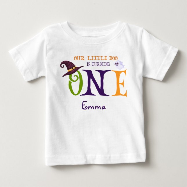 Our Little Boo Turning One, Halloween 1st Birthday Baby T-Shirt (Front)