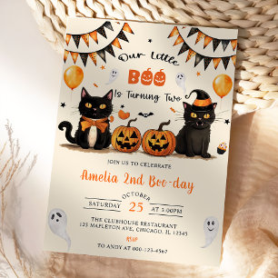 Our Little Boo Turning Two Black Cat Halloween Invitation