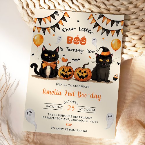 Our Little Boo Turning Two  Black Cat Halloween Invitation