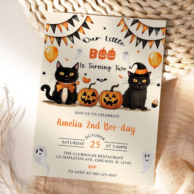 Our Little Boo Turning Two  Black Cat Halloween Invitation (Creator Uploaded)