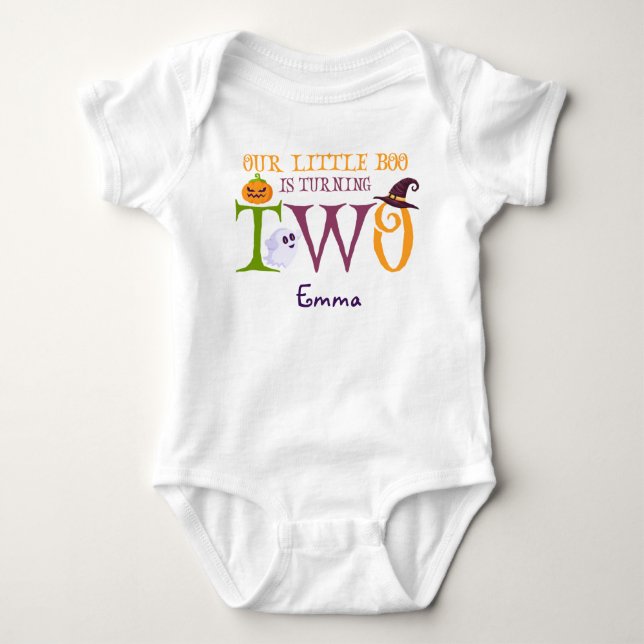 Our Little Boo Turning Two, Halloween 2nd Birthday Baby Bodysuit (Front)