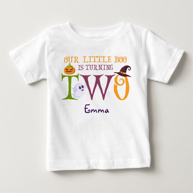 Our Little Boo Turning Two, Halloween 2nd Birthday Baby T-Shirt (Front)