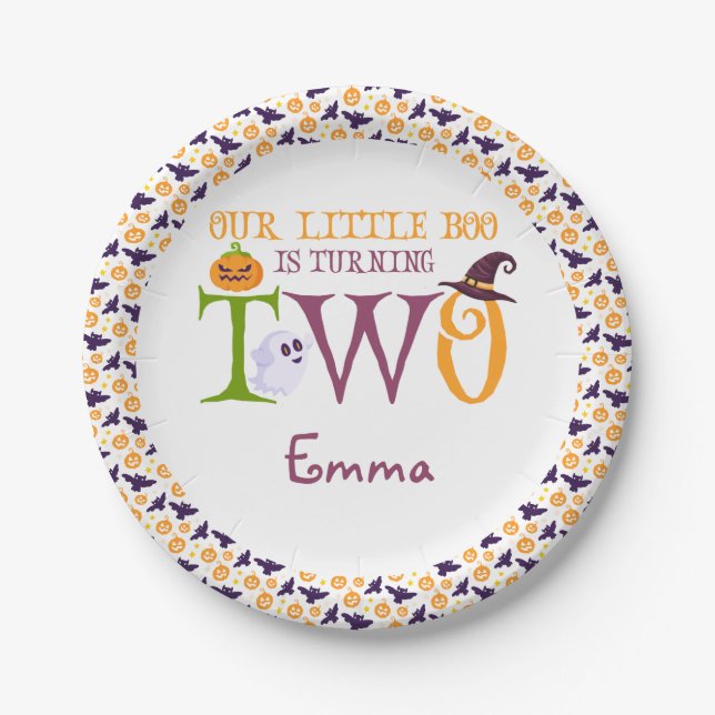 Our Little Boo Turning Two, Halloween 2nd Birthday Paper Plates (Front)