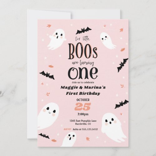 Our Little Boos pink Twin Halloween First Birthday Invitation