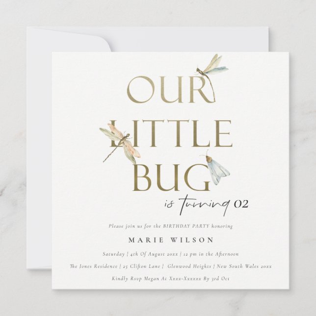 Our Little Bug Gold Dragonfly Any Age Birthday Invitation (Front)