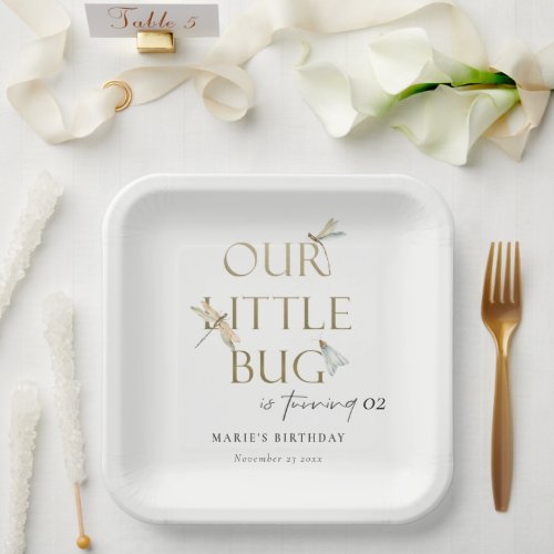 Our Little Bug Gold Dragonfly Any Age Birthday Paper Plates