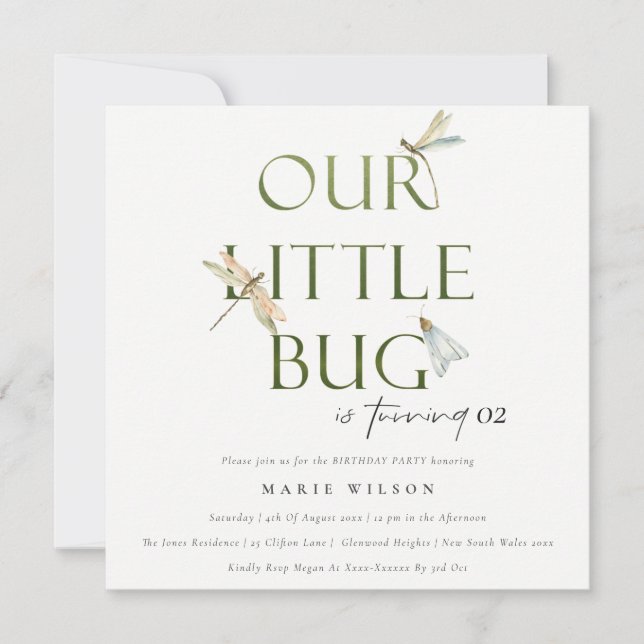 Our Little Bug Green Dragonfly Any Age Birthday Invitation (Front)