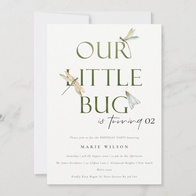 Our Little Bug Green Dragonfly Any Age Birthday Invitation (Front)