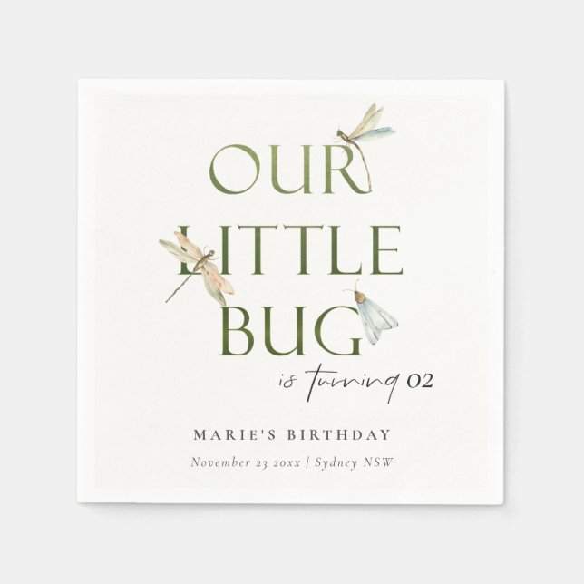 Our Little Bug Green Dragonfly Any Age Birthday Napkins (Front)