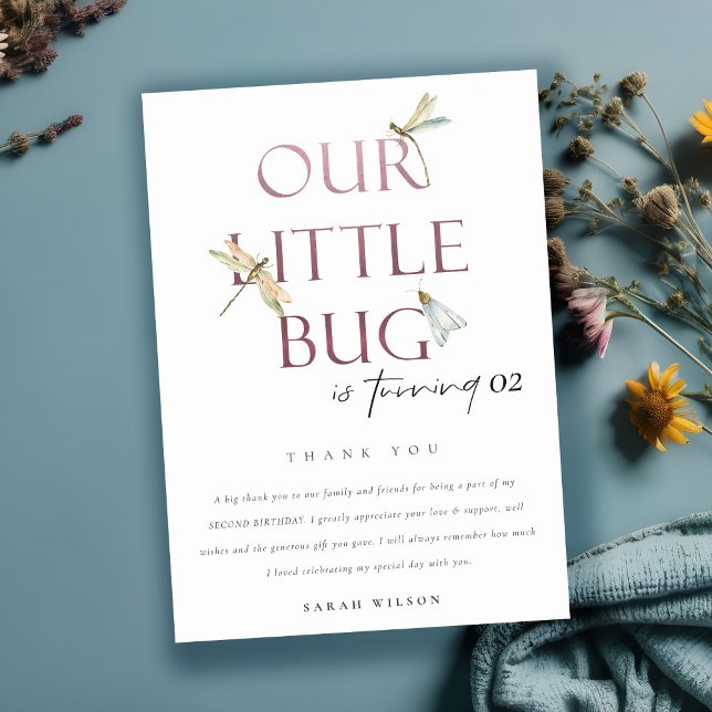 Our Little Bug Pink Dragonfly Any Age Birthday Thank You Card (Creator Uploaded)