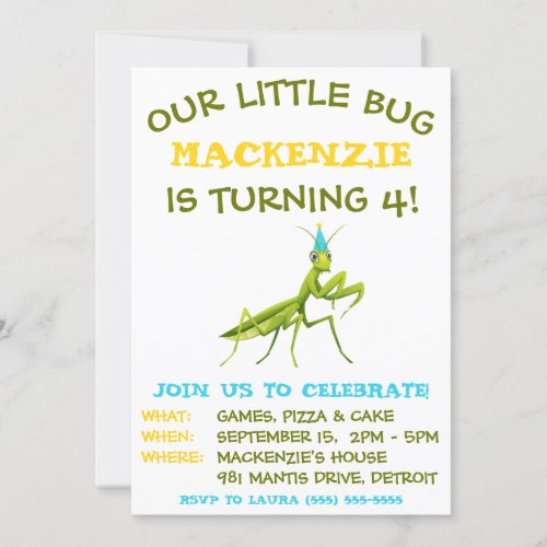 Our Little Bug Praying Mantis Birthday Party Invitation