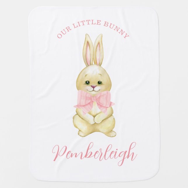 Our Little Bunny Pink Watercolor Coquette Bow Baby Blanket (Front)