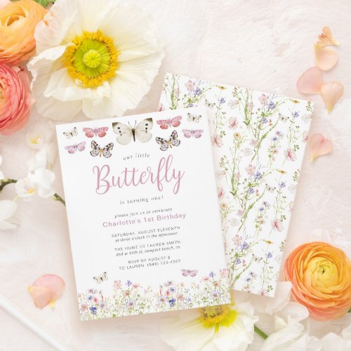 Our Little Butterfly 1st Birthday Pink Watercolor Invitation