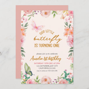 Our Little butterfly floral pink girl 1st Birthday Invitation