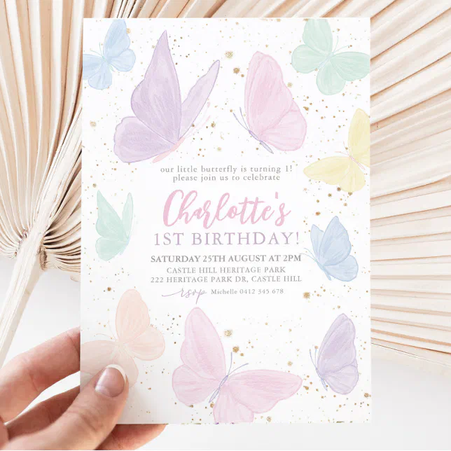 Our Little Butterfly Girl Pastel Rainbow Birthday Invitation | Zazzle