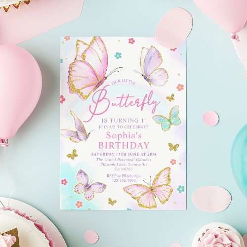 Our Little Butterfly Girls Pink Birthday Party Invitation