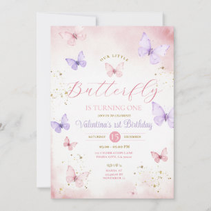 Our Little Butterfly is turning one Pink & Purple Invitation