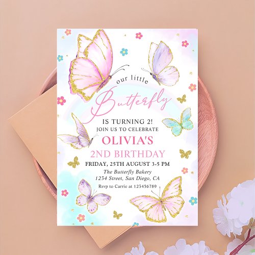 Our Little Butterfly Pastel Rainbow Girl Birthday Invitation