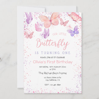 Our Little Butterfly Pink  1st Birthday  Invitation