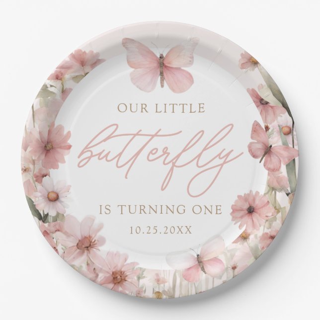 Our Little Butterfly Pink Girls Birthday Paper Plates (Front)