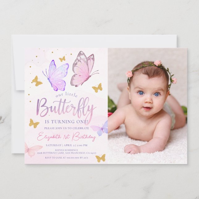 Our Little Butterfly Pink Gold Girl Birthday Photo Invitation (Front)