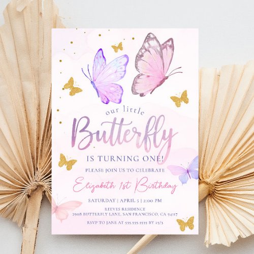 Our Little Butterfly  Pink Purple Girl Birthday Invitation