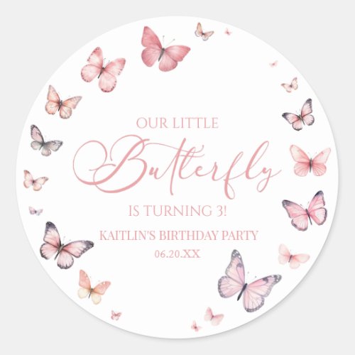 Our Little Butterfly Soft Pink Birthday Party Classic Round Sticker