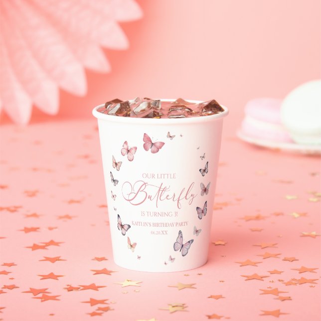 Our Little Butterfly Soft Pink Birthday Party Paper Cups (Insitu)