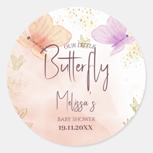 Our Little Butterfly Watercolor Pink Purple Gold Classic Round Sticker