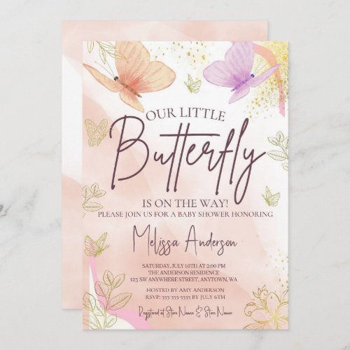 Our Little Butterfly Watercolor Pink Purple Gold  Invitation