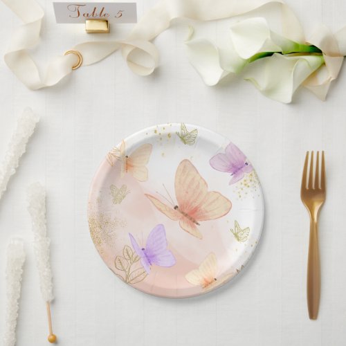 Our Little Butterfly Watercolor Pink Purple Gold  Paper Plates