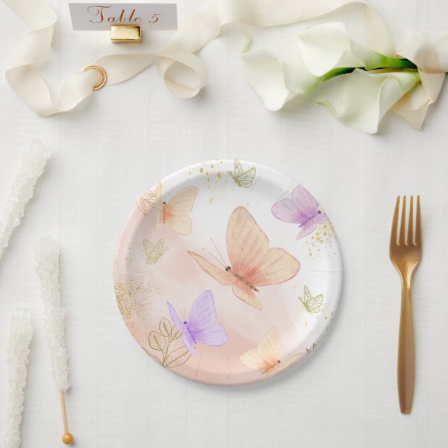 Our Little Butterfly Watercolor Pink Purple Gold  Paper Plates (Wedding)